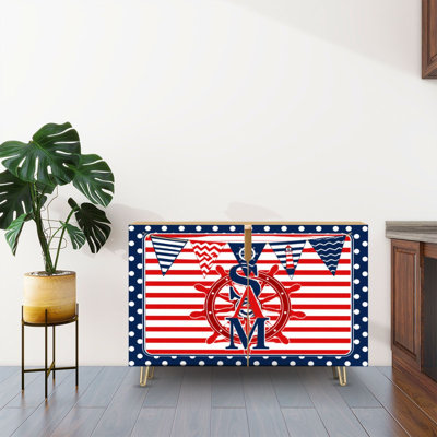 Sideboard Buffet Cabinet with Storage Nautical Ship Wheel Flag Striped with 2 Doors for Living Room and Kitchen