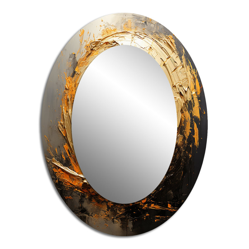 Spiral Vintage Gold Painting On Black I - Gold Oval Wall Mirror Decor, 40" x 30"