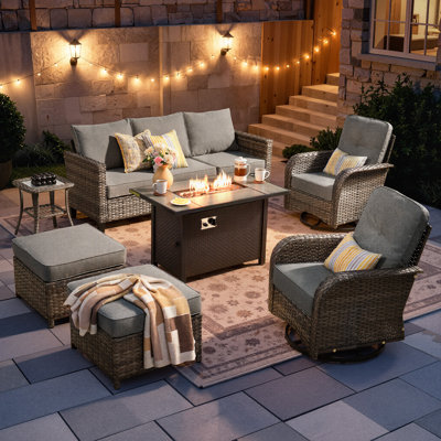 Jordanlee 7- Person Outdoor Seating Group With Rocking Swivel Chairs With Fire Pit Table