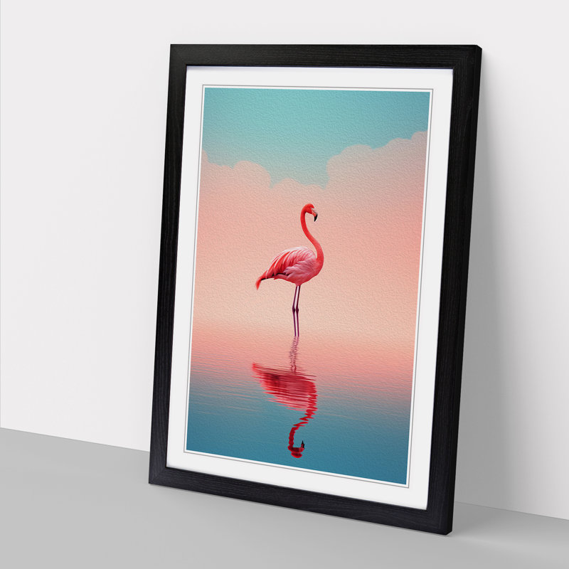 Flamingo Minimalism No.3 - Single Picture Frame Print on Wood, 64cm H x 46cm W x 2cm D, Black