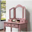 Maquillage de meuble-lavabo en bois à finition rose doré, avec quatre tiroirs et un tabouret en bois-131095890