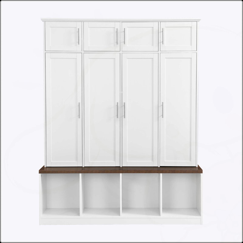 Versatile Hall Tree with 4 Hanging Hooks, Wood Grain Bench, Multiple Storage Compartments for Entryway and Living Room, White