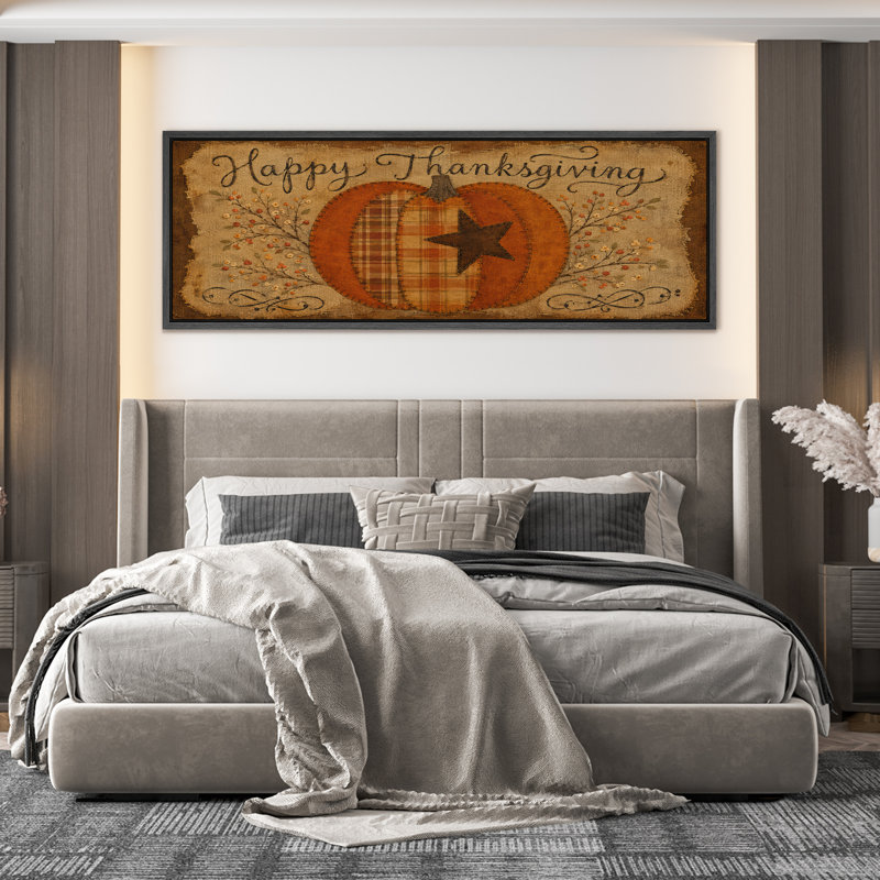 «Happy Thanksgiving Patchwork Pumpkin Rustic Folk Art», impression sur toile encadrée, H 20 po x l 60 po x P 1,5 po, Noir