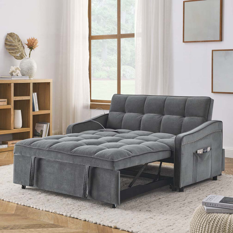 Collinward 53" W Murphy Sofa Bed Loveseat with Adjustable Tufted Back and USB Outlet, Gray Velvet , 31" H x 47" W x 36.5" D