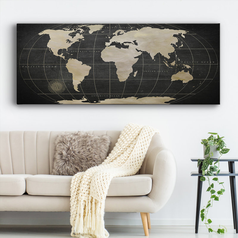 Toile tendue avec carte du monde rétro, H 24 po x l 60 po x P 1,5 po