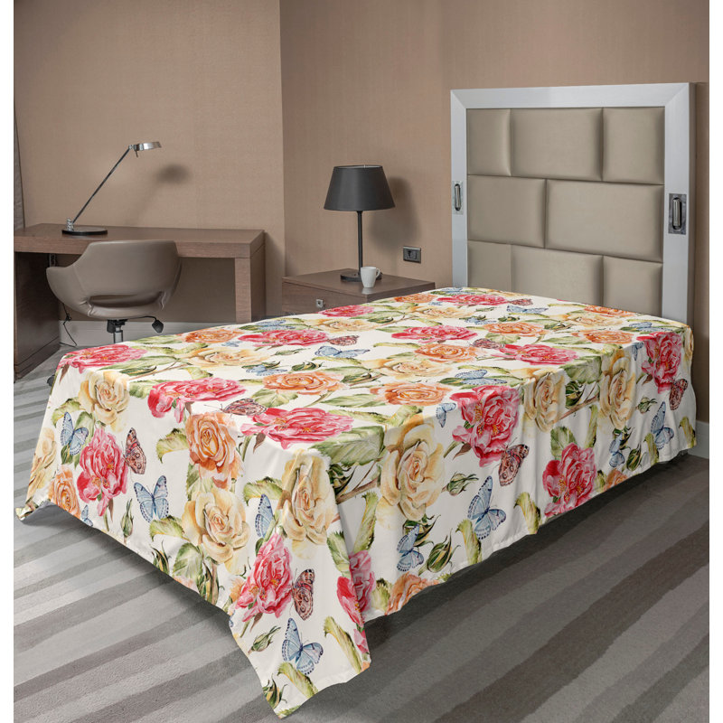 Ambesonne Flowers Flat Sheet Nostalgia Farmhouse, Dark Pink Peach Green