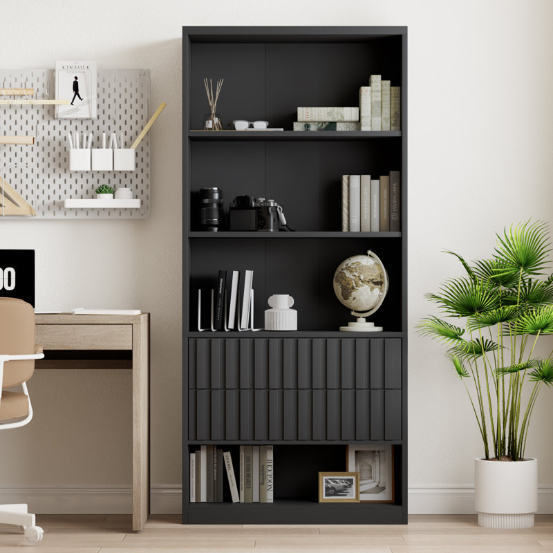 71” H Tall Bookcase with 2 Drawers, Bookshelf with 4-Tier Display Open Shelves, Black