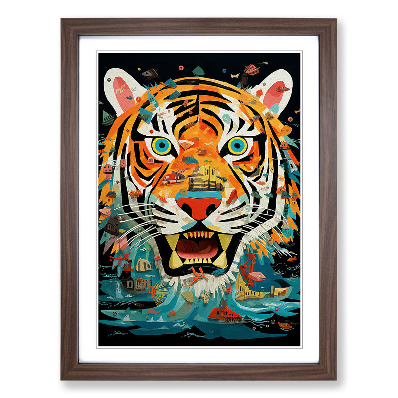 Tiger Dadaism - Single Picture Frame Print on Wood, Walnut, 64cm H x 46cm W x 2cm D