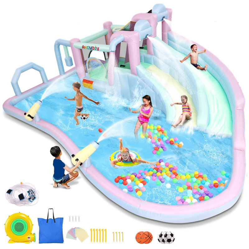 Grand toboggan gonflable de 21,3 pi x 14,7 pi avec siège gonflable, piscine, pulvérisateurs, souffleur de 950 watts