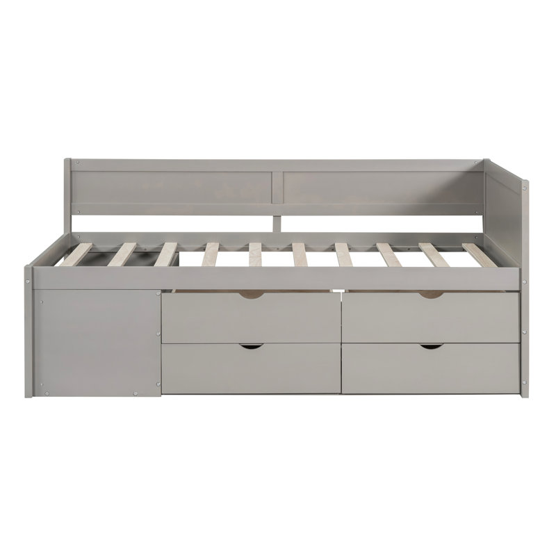 Lit de jour simple gris avec options de rangement pratiques - organisez votre chambre. Construire. L 77,8 po x l 42,4 po x H 34,3 po. Assemblage requis. Aucun sommier tapissier nécessaire. Tiroirs et tablettes élégants. Optimisation de l'espace.