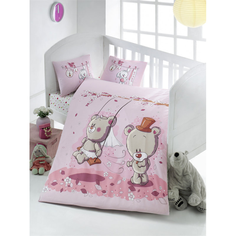 Ensemble de housse de courtepointe en coton doux pour bébé Ranforce, 39,4 x 59,1 pouces | 2 taies d'oreiller 13,8 po x 17,7 po | 145 fils | Rose, gris, brun et blanc | Lavable à la machine, fermeture à boutons, parfait pour la décoration de chambre d
