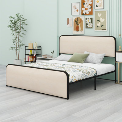 Structure de lit moderne en métal avec tête de lit et pied de lit rembourrés courbés avec rangement sous le lit