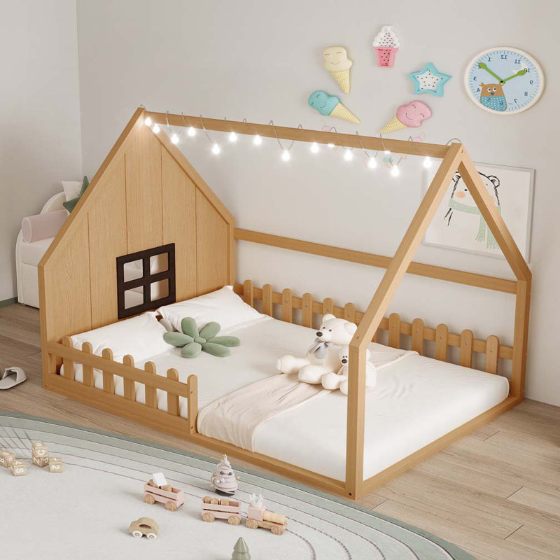56.8"Wood House Bed with Window and Fence, Natural