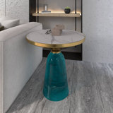19" Round Side End Table Glass/Sintered Stone Top With Brushed Gold Rim And Tempered Glass Base