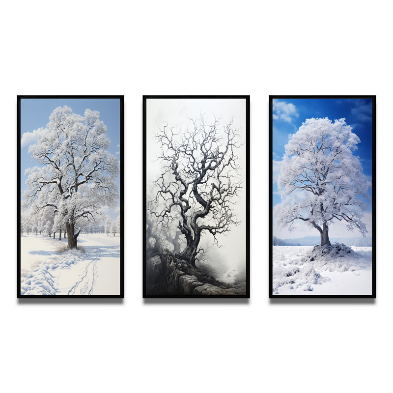 «White Tree Winters Grace», 3 pièces sur toile, Cadre noir, H 40 po x l 60 po