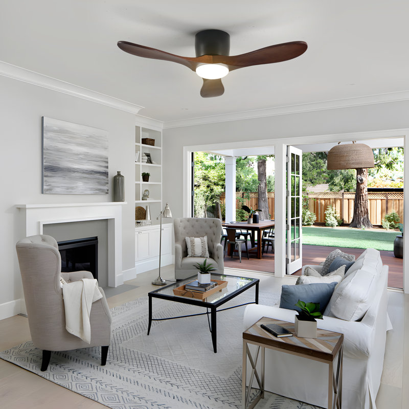 Parzy 42" Low Profile Ceiling Fan With Lights, Remote Control, Reversible Motor, Dimmable LED Light, 3 Walnut Wood Blades, Flush Mount Ceiling Fan for Bedroom, Living Room & Kitchen, Silver/Walnut
