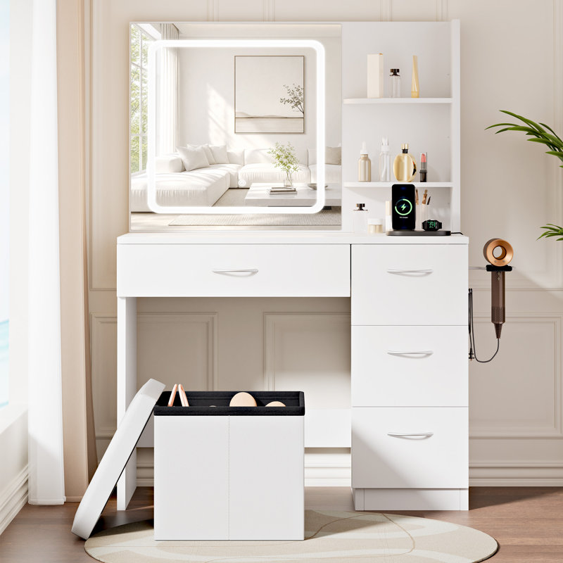 Coiffeuse de 87 cm de large avec station de recharge et 5 tiroirs, table de maquillage blanche avec rangement pour chambre à coucher