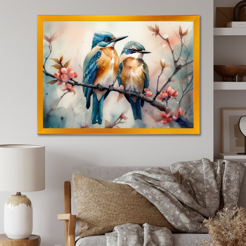 Oiseaux bleus assis sur une branche d'arbre IV - reproduction, H 16 po x l 32 po x P 1 po, Encadrement doré