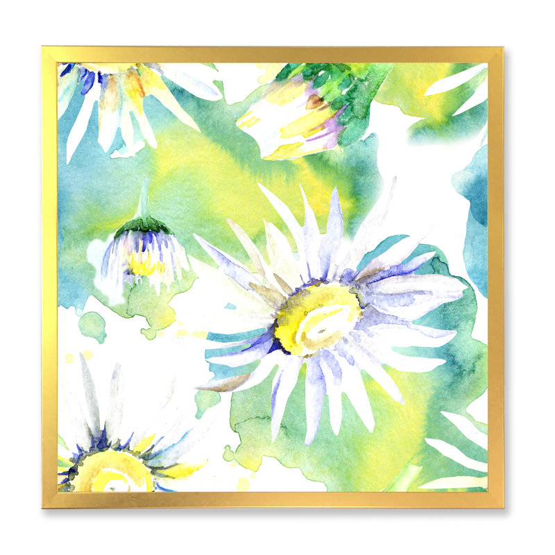 «Daisy Flowers Aquarelle Impression II», peinture sur toile, H 30 po x l 30 po x 1,5 po, Toile encadrée d'or