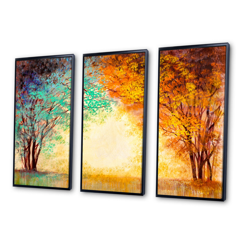 «Alley Through The Park In Autumn Sunset», reproduction sur toile flottante 3 pièces, H 28 po x l 36 po x P 1 po, Cadre noir