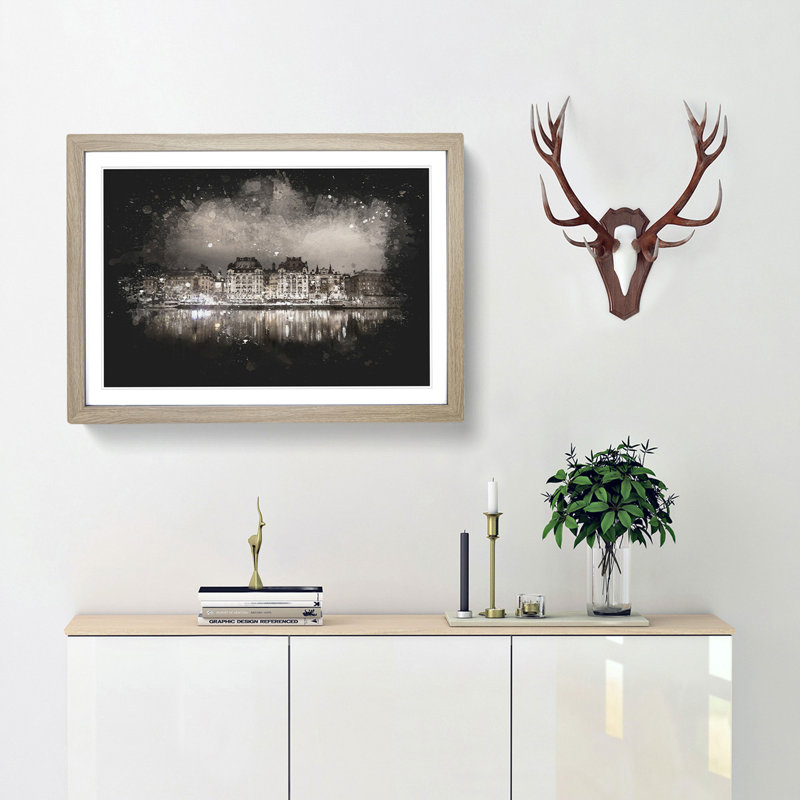 Reflection Of Stockholm In Sweden - Picture Frame Graphic Art, Oak Framed, 33cm H x 45cm W x 2cm D