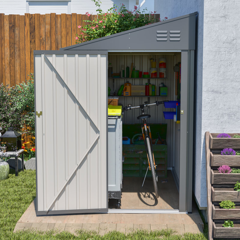 4X7 Lean To Metal Shed - Gray, Heavy-Duty Outdoor Storage For Bikes, Tools, Lawn Mowers & Firewood, Rust-Resistant Wall Side Design Sheds With Lockable Door, Waterproof Coating & Sloped Roof