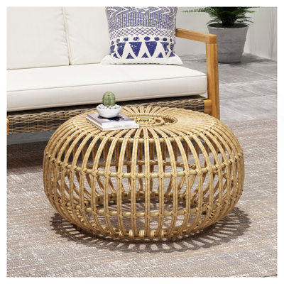 Table basse - Table d'appoint bohémienne en faux rotin pour l'intérieur et l'extérieur, table d'appoint ronde fabriquée à la main pour le salon, le patio, le jardin, couleur brun clair