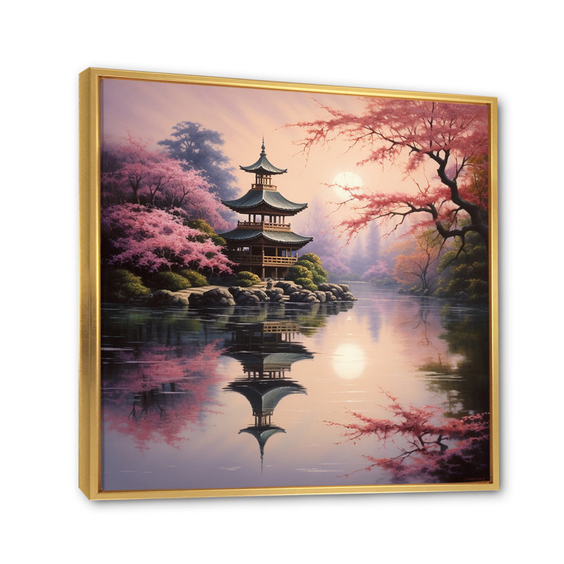 «Asian Art Serene Pagoda», reproduction d'art sur toile, Cadre flottant doré, H 16 po x l 16 po x P 1 po