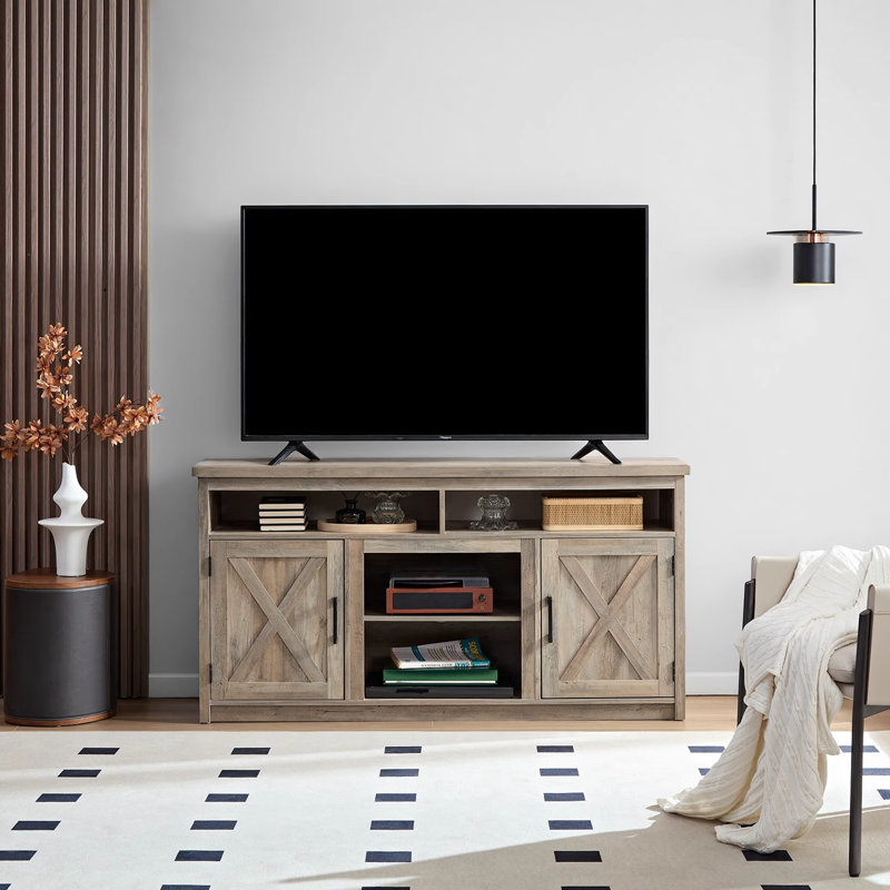 Farmhouse Barn Door TV Media Stand Modern Entertainment Console For TV Up To 65" With Open And Closed Storage Space