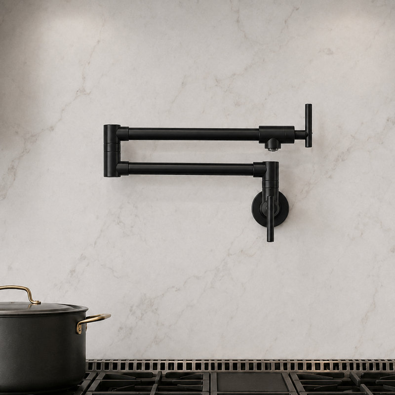 Wall Mount Pot Filler Faucet Double-Handle Folding Kitchen Restaurant Sink With Dual Joint Swing Arm Commercial, Matte Black