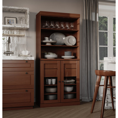 Kaniesha 100% Solid Wood 32" Pantry Cabinet with Clear Glass Doors, 2-Drawers and Adjustable Shelves