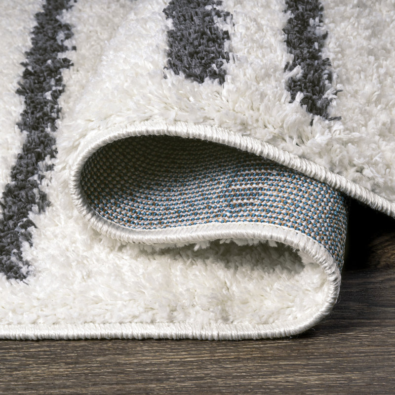 Petra Stripe Geometric Shag White/Gray Rug, Runner 2' x 8'