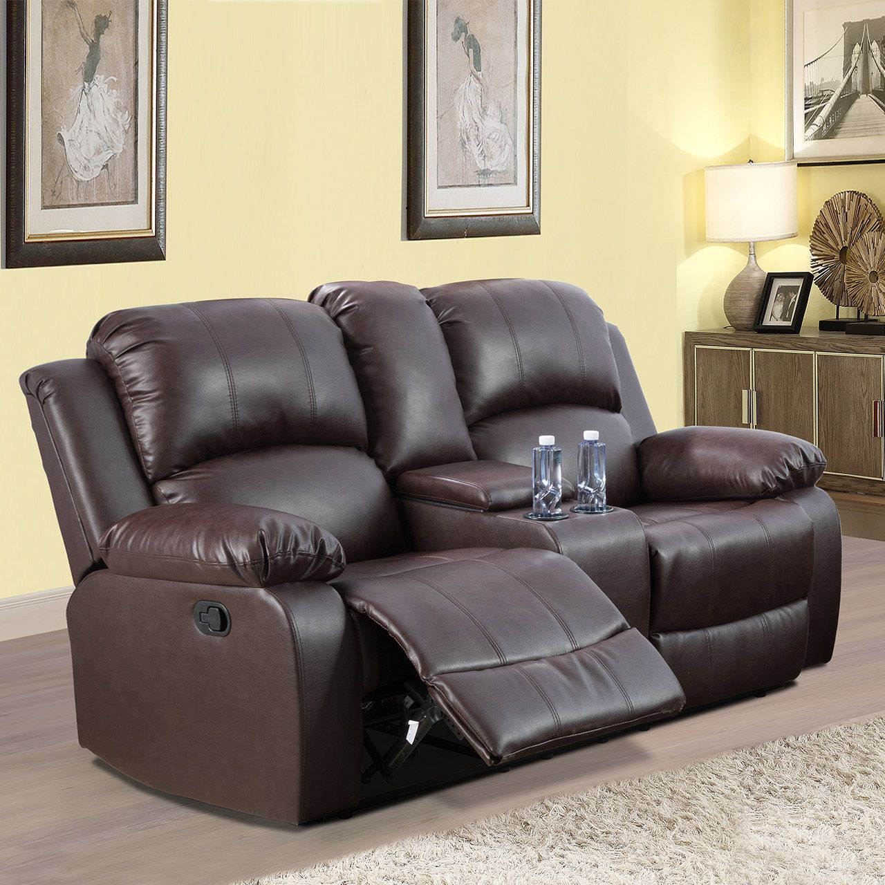 68" Wide Vegan Leather Manual Reclining Home Theater Seating with Cup Holder & Storage - Brown