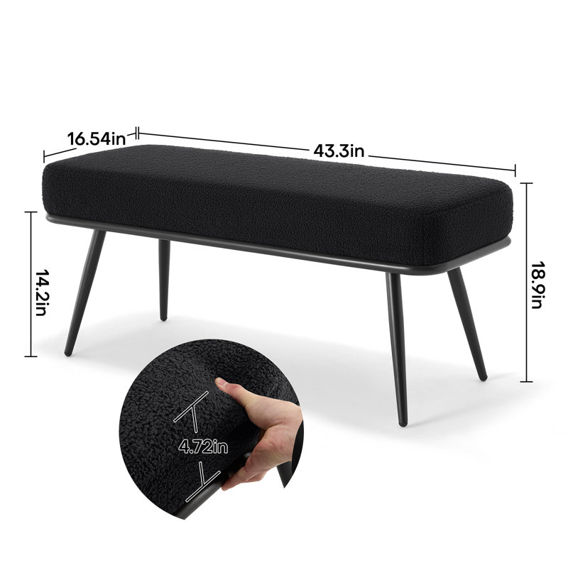 43.3"W Modern Upholstered Bench with Metal Frame and Teddy Fabric, Black