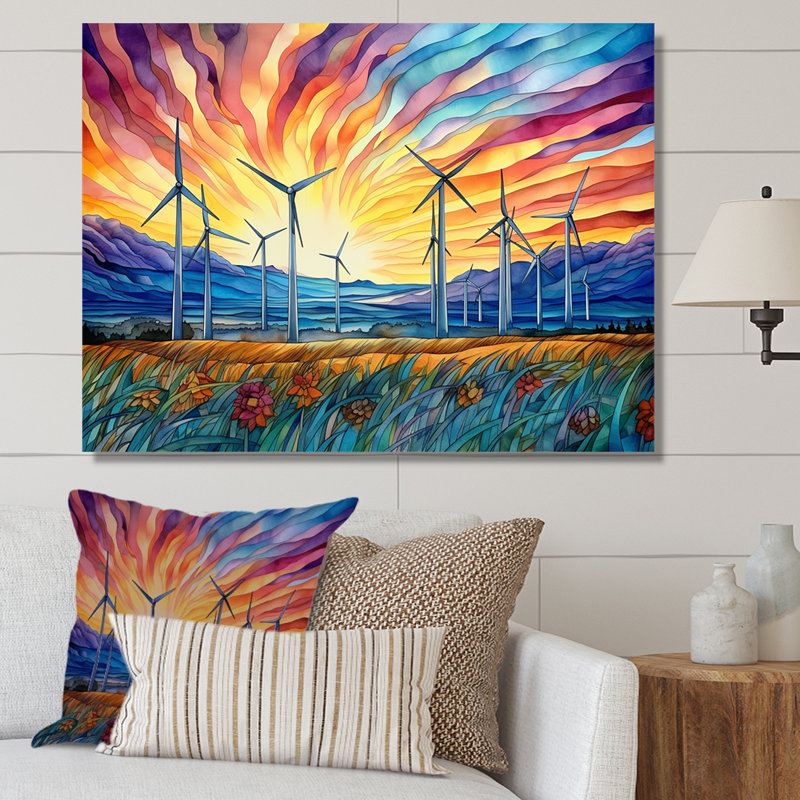Éoliennes au lever du soleil, Toile tendue, H 16 po x l 32 po x P 1 po