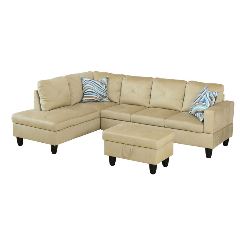 103" Verona Beige  Flannel 3-Piece Left Facing Sectional Sofa Set With Chaise And Storage Ottoman, Left Hand Facing