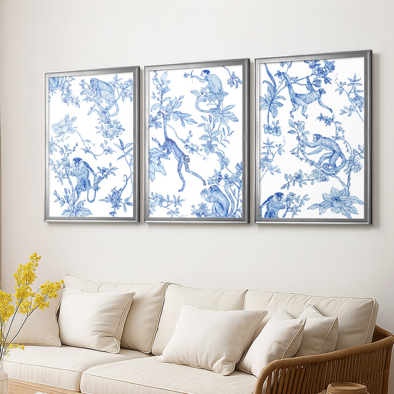 Monkey Land II - Toile tendue avec châssis sur mesure - 3 pièces, H 30 po x l 63 po, Argent argent
