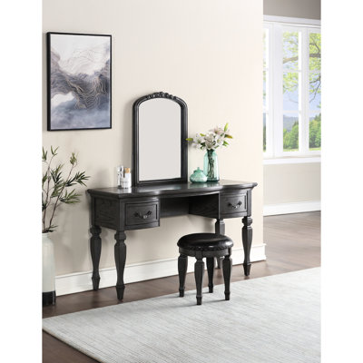 Luxury Bedroom Vanity With Antique Oak Finish And Wooden Stool - Elegant Style Contemporary Grey Wood Mirror Storage