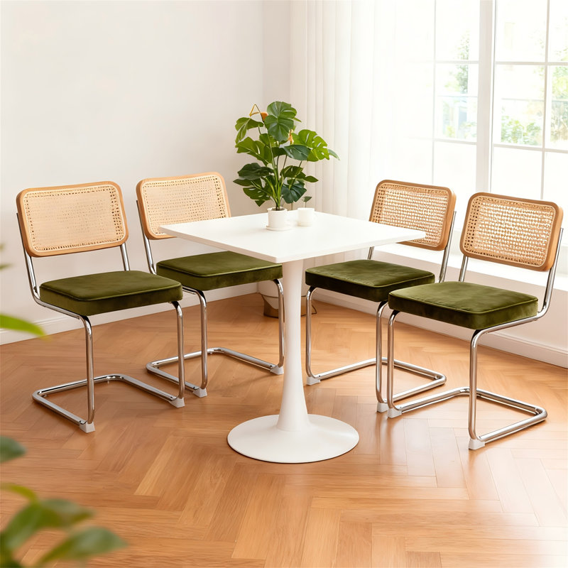 Ensemble de 4 chaises de salle à manger, chaises d'appoint latérales en rotin de velours avec pieds chromés, chaises modernes de style Mid-Century conçues par Breuer, chaises de cuisine de salle à manger rembourrées (vert olive - 4 pièces)
