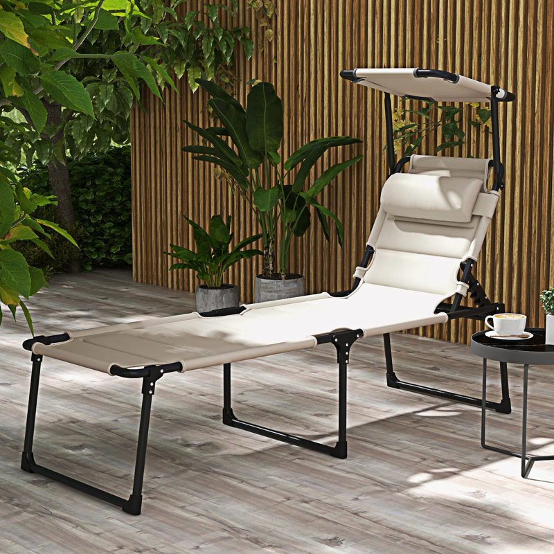 Outdoor Adjustable Backrest Folding Chaise Lounge Chair With Sunshade Roof, Cream White, 1