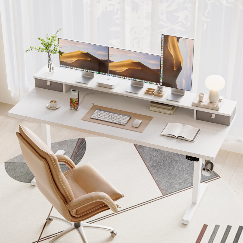 63" Electric Height Adjustable Standing Desk With Drawers,Home Office Desk with Large Monitor Shelf, White