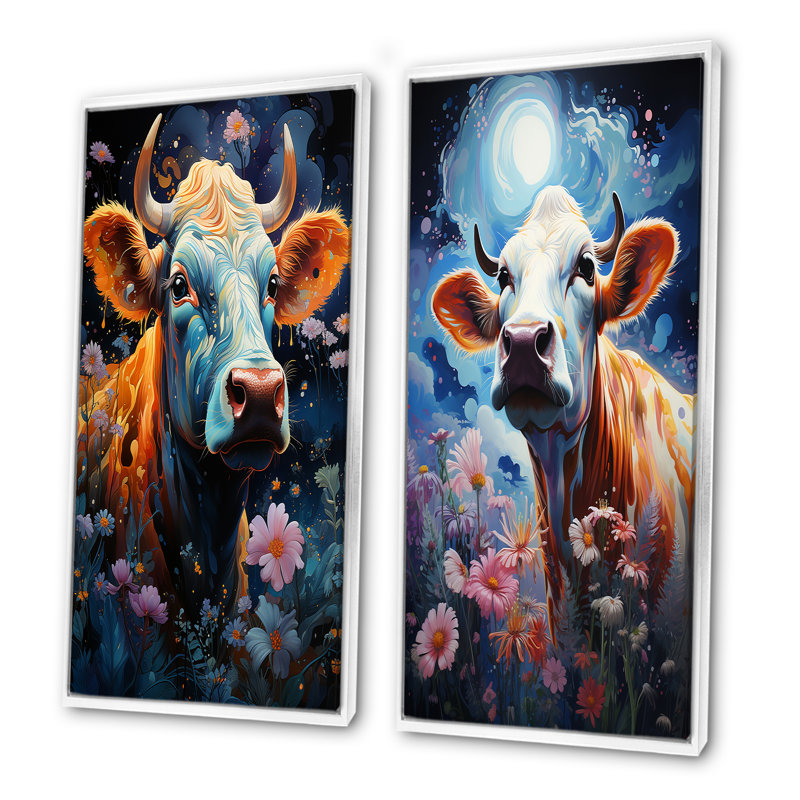 Vache fantastique dans un pays enchanté - ensemble de 2 reproductions d'art mural, Cadre blanc, H 40 po x l 41 po