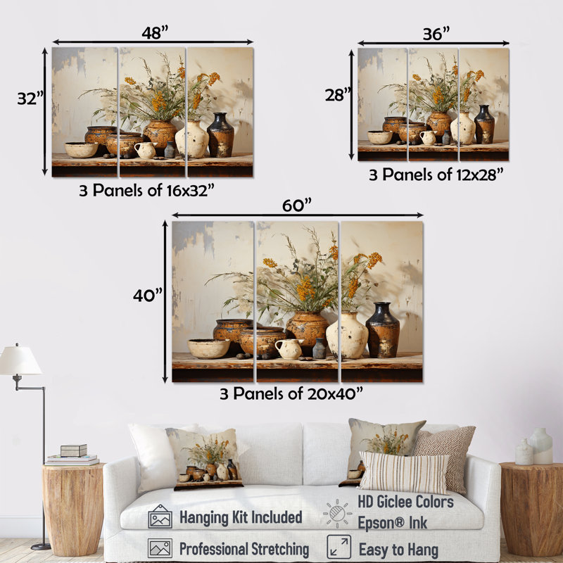 Art floral brun, poterie rétro, art mural Boho, H 28 po x l 36 po x P 1 po, Toile tendue