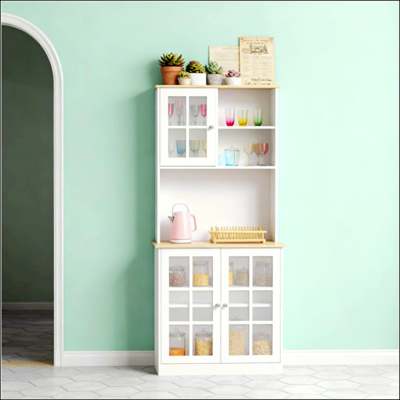 Grande armoire de cuisine de comptoir autoportante avec huche, portes en verre et tablettes réglables pour les cuisines modernes
