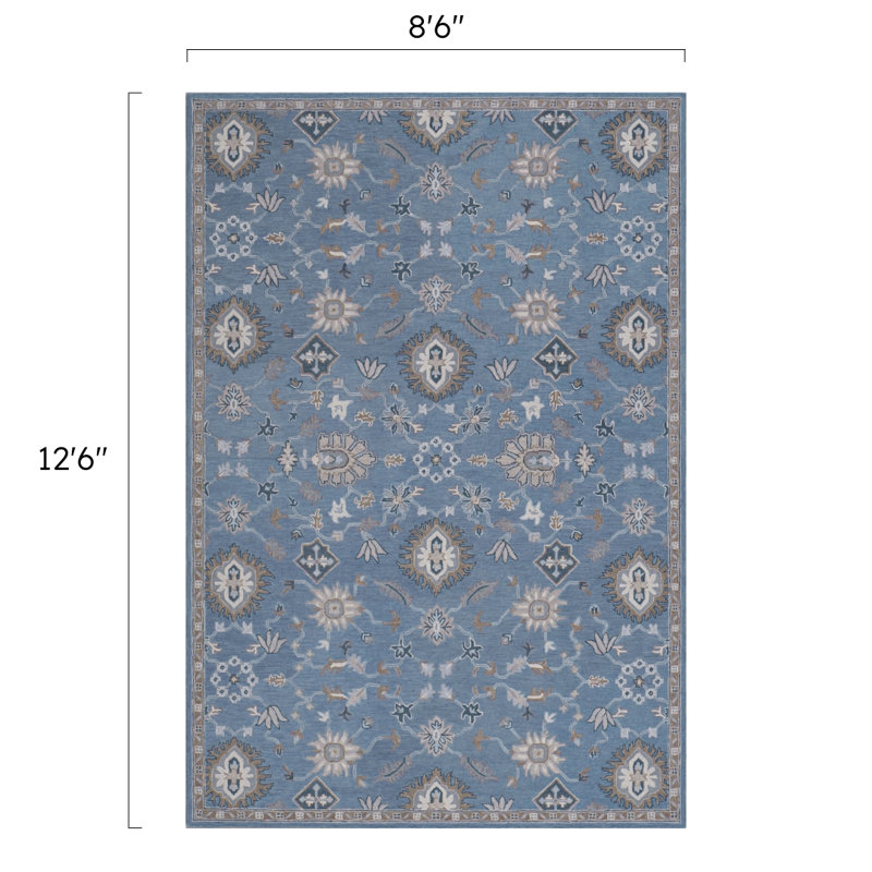 Greer Hand-Tufted Microloop Pile Wool Traditional Medallions Area Rug Blue Tan Ivory, Rectangle 8'6" x 12'6"