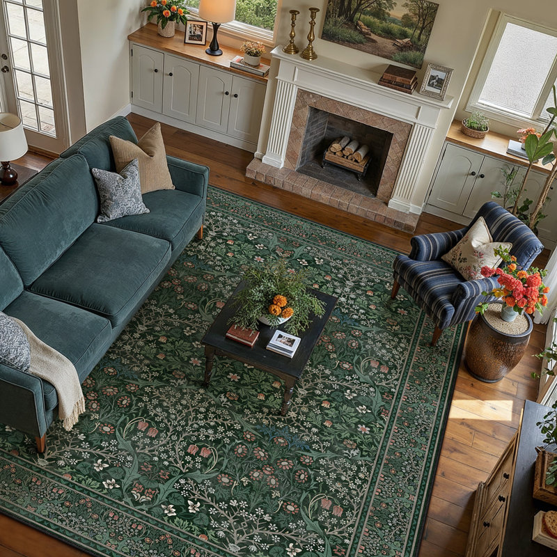 Machine Washable Floral Area Rug With Non-Slip Backing, Rectangle 8' x 10', Green