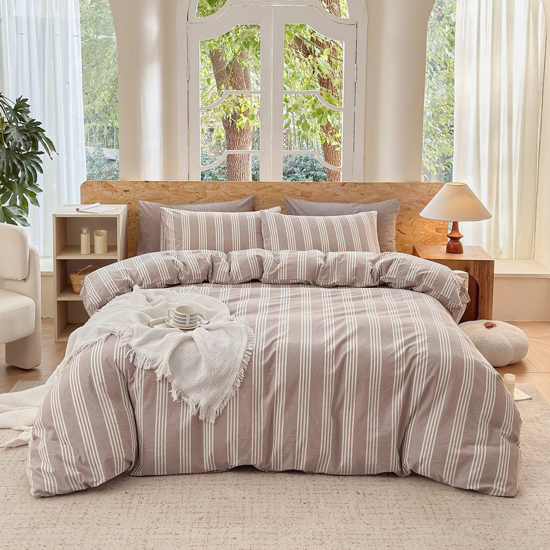 Ensemble de housse de couette rayé 100% coton délavé 3 pièces DONEUS, Housse de couette double + 2 taies d'oreiller stan