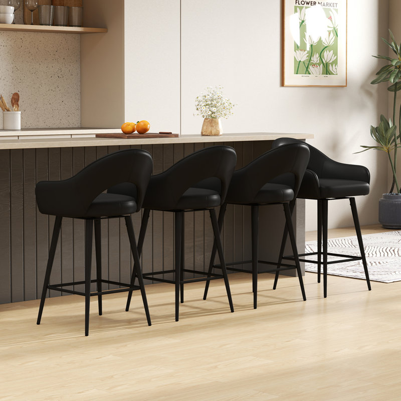 Swivel Upholstered Barstool With Footrest 27'' Counter Stool Faux Leather Height Bar Stool, Black