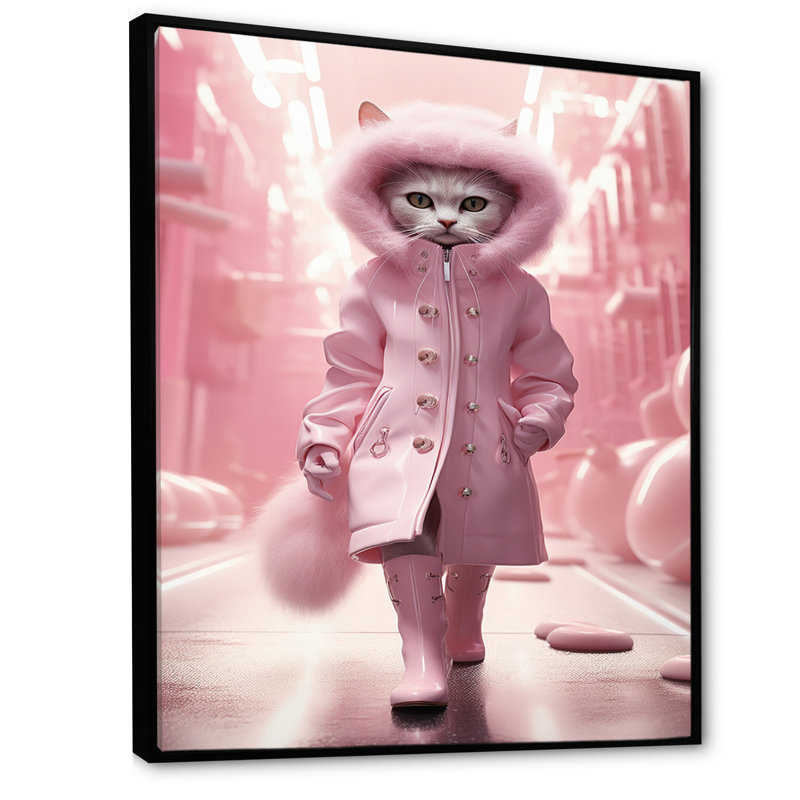 Chat blanc Fashionista en manteau rose, H 20 po x l 12 po x P 1 po, Cadre flottant noir