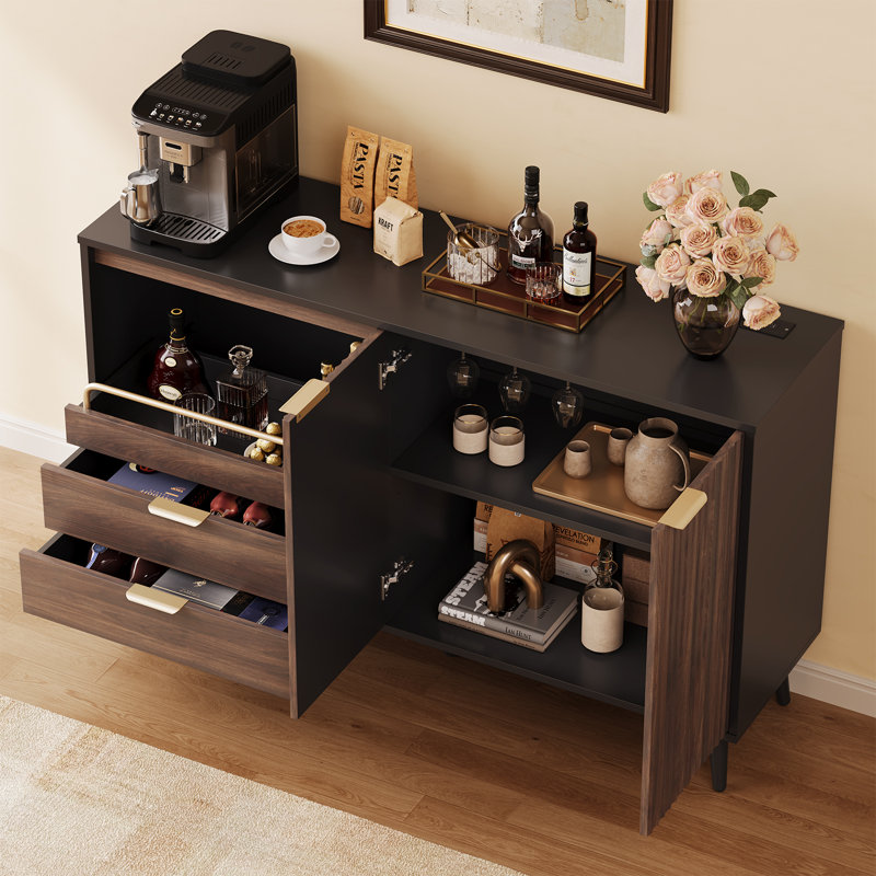 Armoire de bar moderne de 55 po avec tablettes réglables, buffet avec porte-verres à vin et support à vin, Noyer